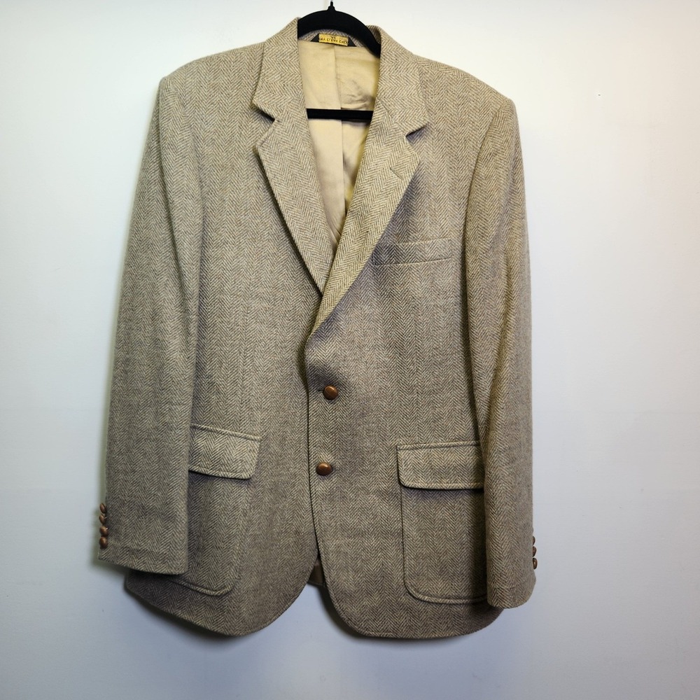 Vtg Imperial by Haggar Pure Wool 42R Beige Herringbone Tweed Blazer Sport Coat